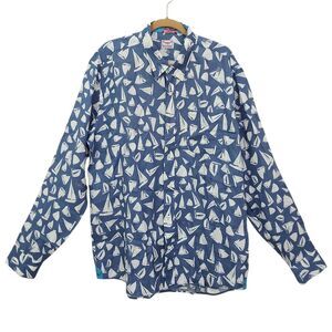 Limo Land Shirt Mens XXXL Blue 100% Linen Ship Print Long Sleeve Coastal Italy